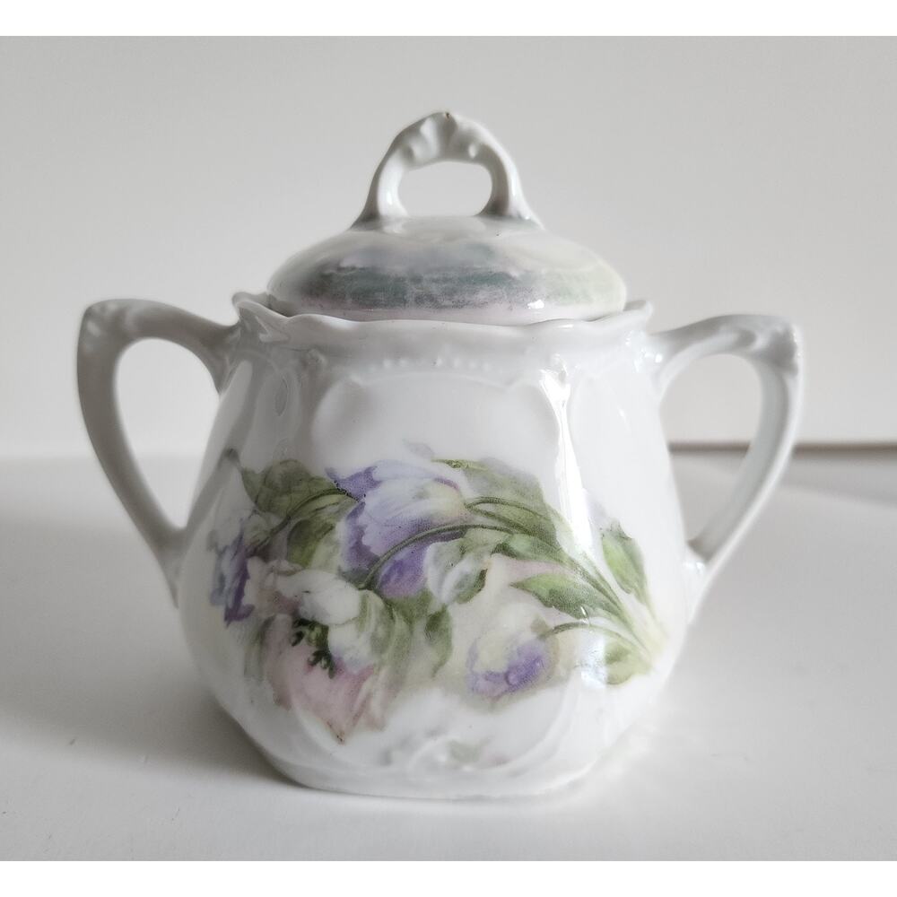 Vintage Germany 94 Porcelain Sugar Bowl with Lid – Purple Floral – Twin Handles